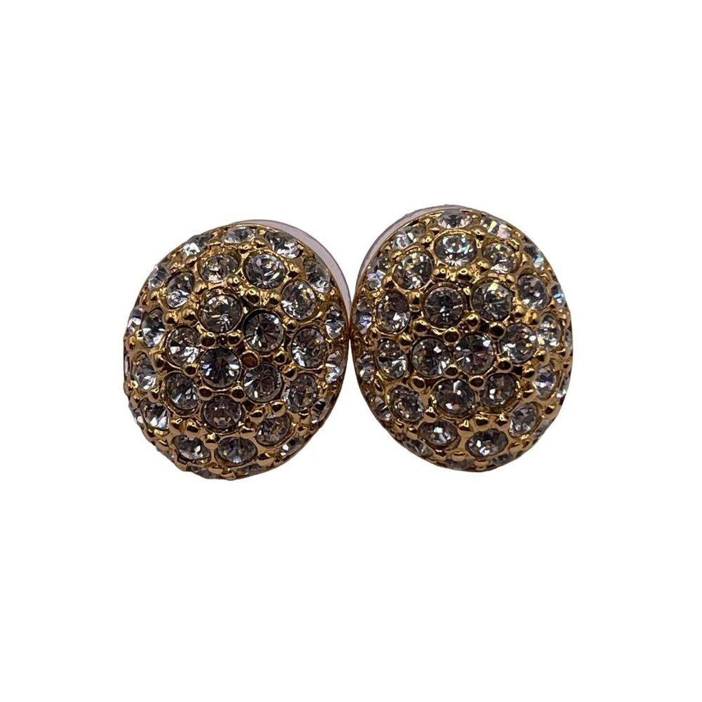Swarovski Clear Crystal‎ Gold Tone Pierced Oval Dome Earrings Swan Signed